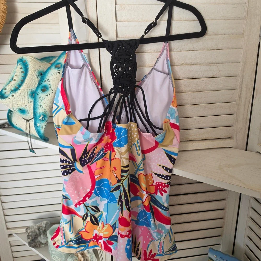 Floral Macrame Back Tankini Top XL Tropical Pink Blue Swimwear